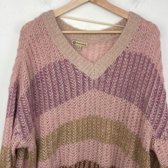 Democracy Chunky Knit V Neck Striped Relaxed Fit Sweater Pullover size XL - Picture 2 of 12